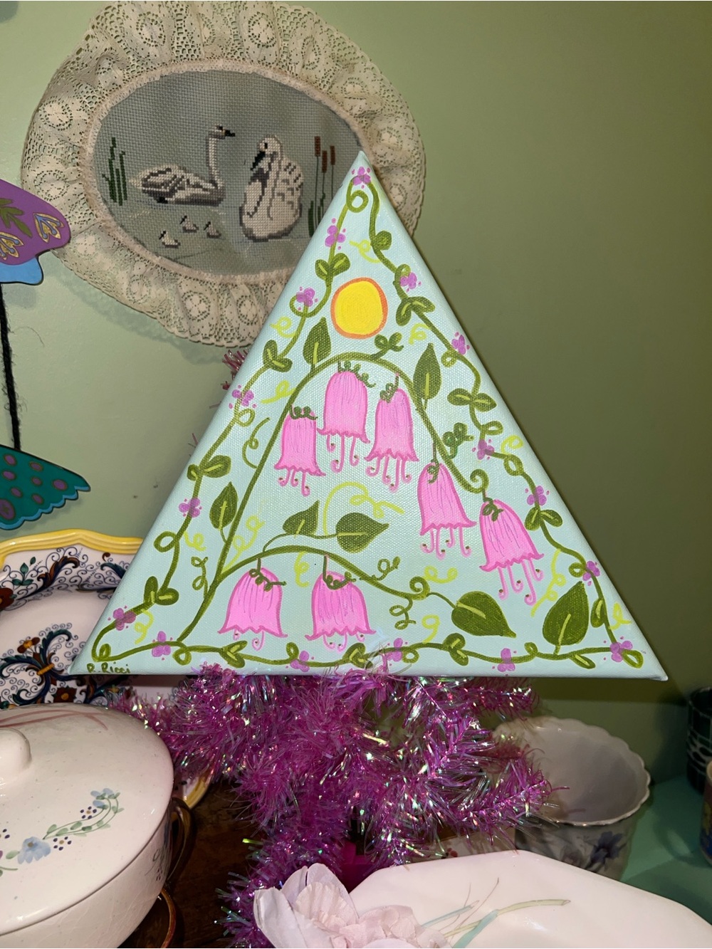 Hand-Painted Pink Floral Triangle Canvas Wall Art